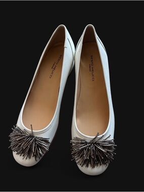 Sesto Meucci White Flynn Patent Leather Pumps with Gunmetal Beaded Pom Detail